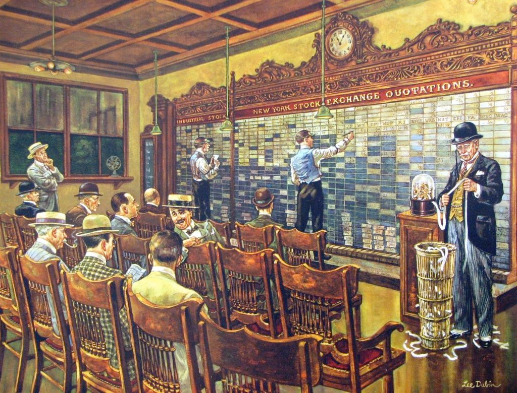 Historical painting of New York Stock Exchange quotations board